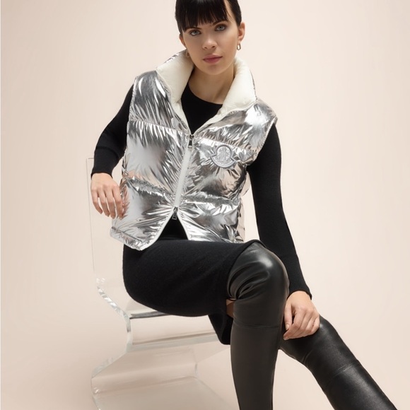 MONCLER NWT Blavet Silver Down Quilted Puffer Vest 3 L Metallic - Picture 5 of 16